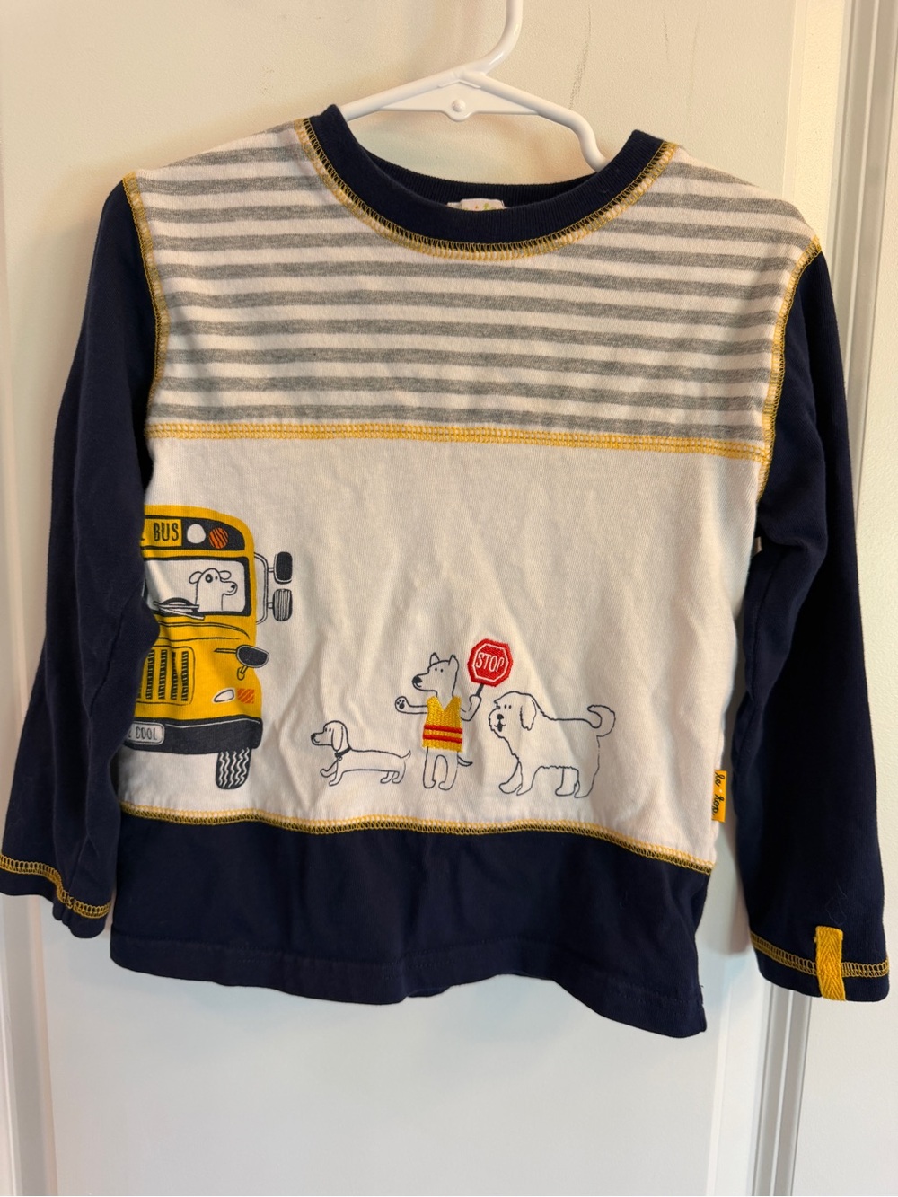 Kids Long-Sleeve School Bus & Dogs Tee in Navy and Yellow